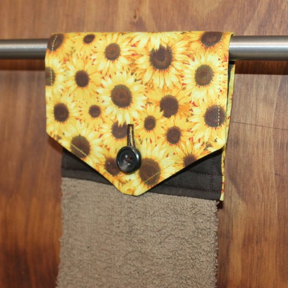 SUNFLOWER PRINT GOLD & BROWN HANDMADE HANGING KITCHEN TOWEL TAN COTTON TOWEL - Picture 4 of 4